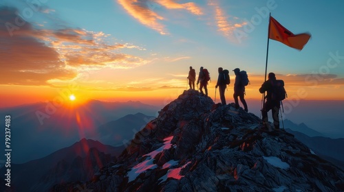 Silhouettes of hikers holding a flag on a mountain summit as the sun rises with vibrant colors. Hikers With Flag on Mountain Summit at Sunrise.