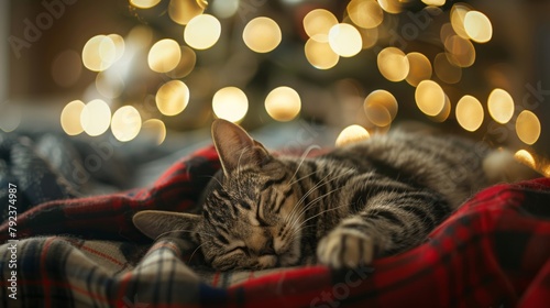 A cozy tabby cat naps on a plaid blanket against a backdrop of warm Christmas lights.