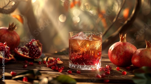 A sparkling pomegranate beverage beside ripe fruits and seeds on a rustic table.