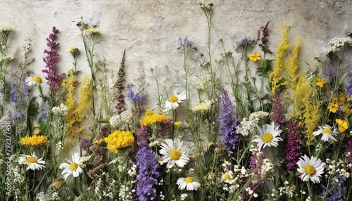 flowers in the field,floral arrangement of wildflowers arranged vertically along a wall or neatly arranged on a surface. Natural background.