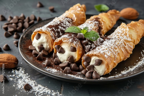 Italian cuisine featuring traditional Sicilian dessert cannoli made with chocolate and ricotta