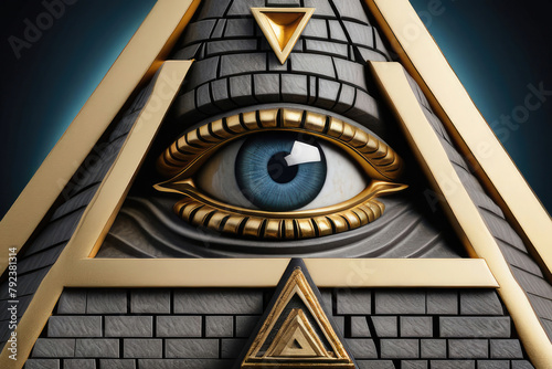 Eye of providence, all seeing eye, mason pyramid with gold details, concept of masonic secret societies.