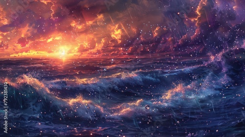 A magical seascape at twilight, where waves meet falling stars and raindrops in a mesmerizing dance of elements.