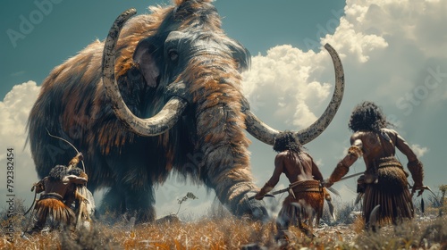 Hunting scene of a team of primitive caveman attacking a giant mammoth in a natural field.