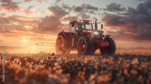 Irrigation tractor spraying or harvesting agricultural crops at sunset with infrared information is a banner design for agriculture and food production industry.