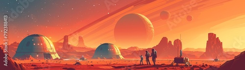 Futuristic vector illustration of a space colony on Mars, with domed habitats, rovers, and astronauts exploring the landscape