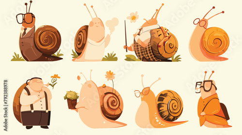 Set of cute gentleman snail in waistcoat activities