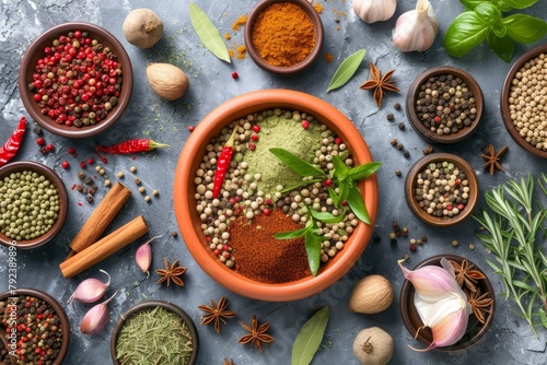 Spices and herbs in a bowl including chili pepper garlic thyme oregano cinnamon star anise nutmeg ginger and bay leaves arranged flat