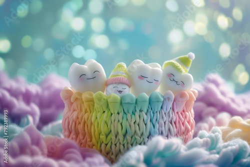 In a colorful toothbrush holder, a family of baby teeth snuggle up, each with a tiny nightcap, ready for their bedtime story