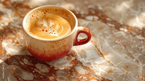 Top view of a cappuccino cup on a brown and white marble table.,art image