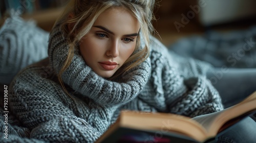 free time - close-up of woman in warm sweater reading book at home