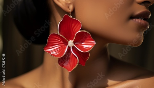 Woman wearing bold pearl earrings adorned with bright red anthurium flowers, set in an elegant evening setting for a glamorous look