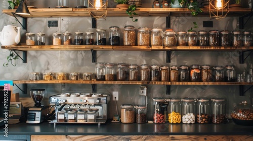 A stylish coffee bar with shelves lined with jars of freshly roasted beans, showcasing the variety and quality of the available blends.