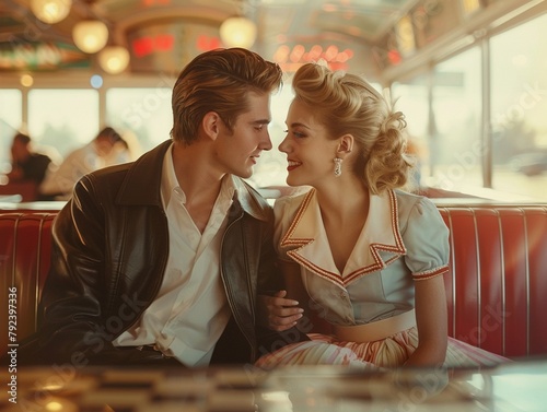 A couple dressed in vintage 1950s attire, including a poodle skirt and leather jacket, at a classic diner setting