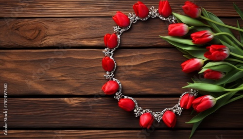 Elegant presentation of a charm bracelet featuring cheerful vibrant red tulips, arranged on a rustic wooden surface for a natural appeal