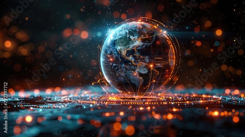 The image depicts the Earth ensnared in a virtual network of connections, highlighting the interconnectedness of humanity in the digital age.,art image