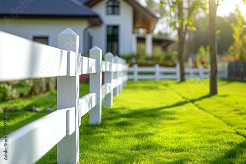 New wooden fence surrounding house green lawn street photo selective focus