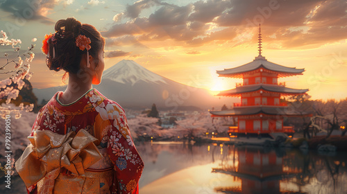 Japanese woman in traditional cloths in front of the golden temple in Kyoto, the temple is glowing in the sunset, Cherry Blossom, mount Fuji is in the background. Generative AI.