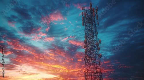Telecommunications tower with antenna with blue sky in the morning