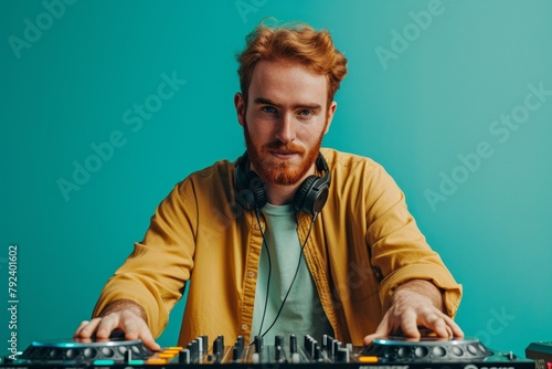 Photo of a happy ginger guy with long sleeve dj set in nightclub on teal background