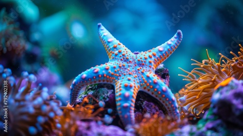 Close-up of a beautifully patterned starfish resting on a coral-covered ocean floor