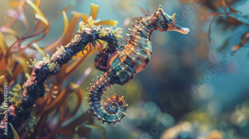 Close-up of a delicate seahorse clinging to a swaying coral branch in a tranquil reef