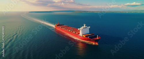 Drone captures tug boat towing empty barge at sea copy space image
