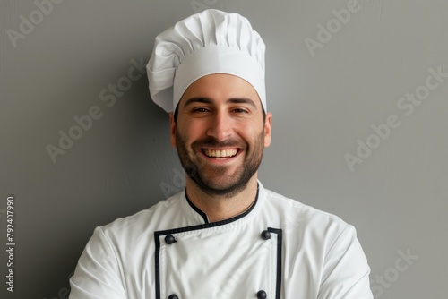 Smiling male chef wearing toque and jacket culinary concept