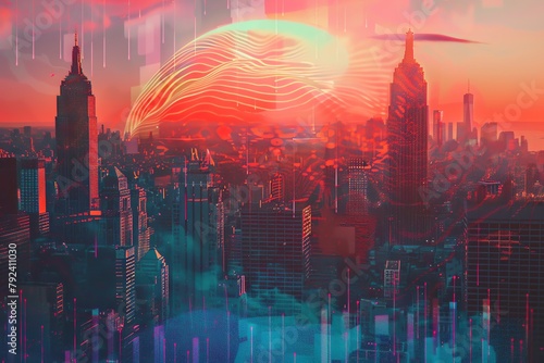 Produce a visually striking digital artwork combining pixel art and glitch art techniques to portray a city backdrop with holographic waves, Infuse the composition with a retro-futuristic vibe that me