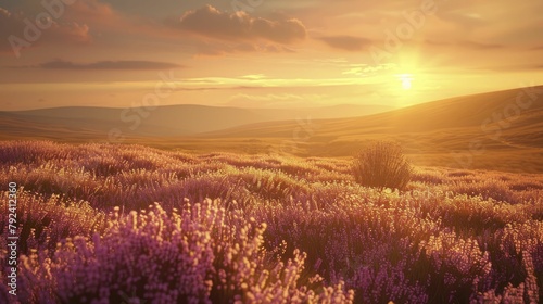 A serene scene unfolds in the minimalist 3D-rendered highlands at sunset, with a solitary heather in bloom against the warm silhouetted sky.