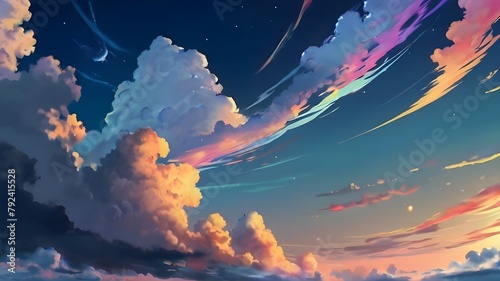 Anime fantasy wallpaper background concept : Fiery orange and red clouds ablaze paint the dusky sky at sunset, generative ai