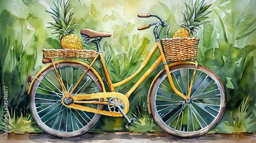 watercolor illustration of yellow bike with pineapple in the basket, vacation time, summer holiday concept, travel concept, exotic fruit, green background
