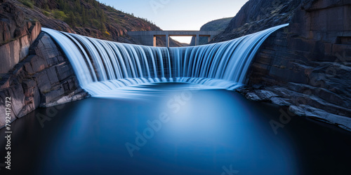 Dam harnessing hydroelectric power situated along a mountain river.