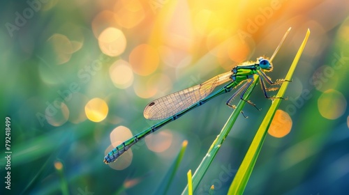 Macro shot of a vibrant damselfly perched on a blade of grass, its jewel-toned body sparkling in the sunlight.