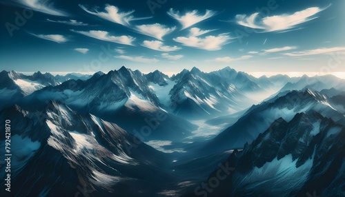 Snowy peaks pierce a crisp morning sky in a breathtaking alpine landscape