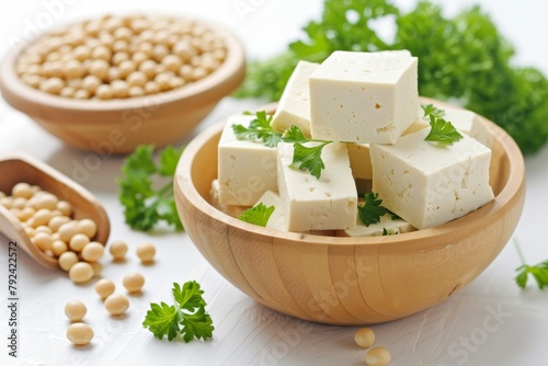 Tofu soy cheese and soybeans on white background