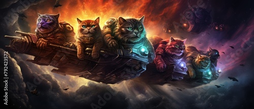 A group of cats in space suits flying through a nebula in space.
