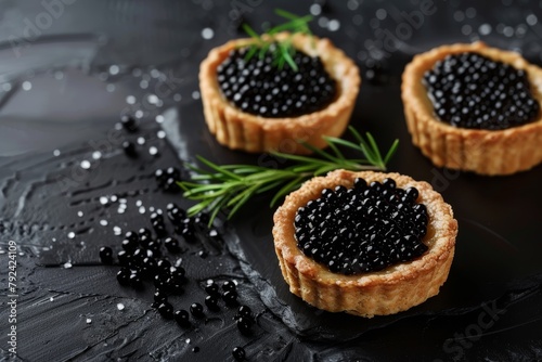 Top view of black caviar tartlets on black background with selective focus