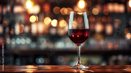 A glass of red wine is sitting on a wooden bar counter. The wine is almost empty, with only a small amount of liquid left in the glass. The bar is dimly lit, creating a cozy and intimate atmosphere