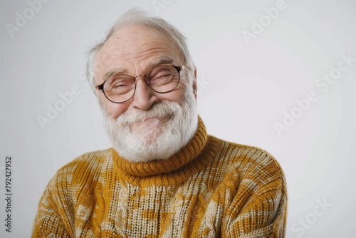 Trendy elderly Caucasian man smiling and winking at camera in a sweater Modern senior lifestyle concept White background Studio shot with empty space