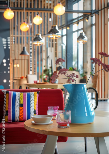 Modern colorful kitchen pitcher on dining table. Contemporary design. Living, kitchen, dining, container.