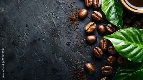 Coffee beans and leaves up close on a dark background with a blurred effect. Concept Close-up Photography, Macro Shot, Coffee Beans, Leaves, Blurred Background