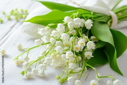 Zoom in on lily of the valley flowers on white backdrop