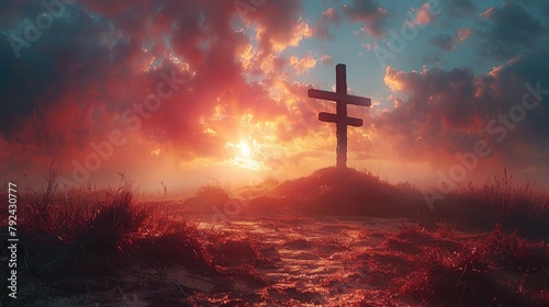https:stock.adobe.comvnvideoholy cross symbolizing the death and resurrection of jesus christ with the sky over golgotha hill is shrouded in light and clouds illustration