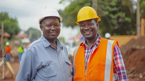 A portrait of a local resident proudly standing next to an engineer as they collaborate and implement a new infrastructure project that will improve their quality of life. .