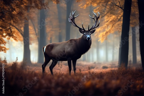 'foggy colorful forest autumn beautiful red image deer stag landscape wood timberland tree foliage flora plant fern fog mist misty moody concept conceptual colourful vibrant cervid antler animal'