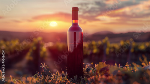 A bottle of wine is sitting in a field of flowers. The sky is a beautiful mix of orange and pink hues, creating a serene and peaceful atmosphere