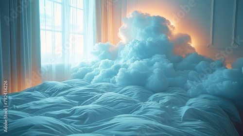 bed stand in blue fluffy cloud symbolic for good sleep sky setting,art illustration
