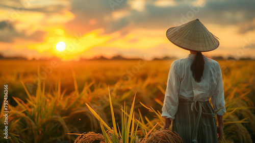 A woman wearing a conical hat stands in a golden rice field as the sun sets behind her.