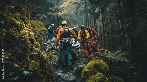 Mountain rescue team using a stretcher to carry an injured climber down a steep trail, dense forest around, depicting teamwork and risk management.